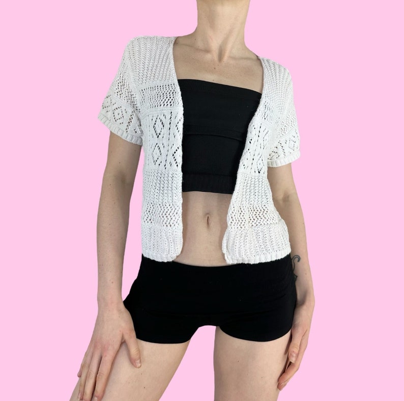 Y2K Blanc Crochet Oeillet Tricot Fée Grunge Cardigan Taille Grande image 1