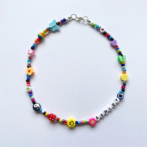 Handmade Rainbow Beaded Necklaces, Beaded Necklace, 90s Inspired Trendy Beaded Necklace, 8ball Necklace, Smiley Face Necklace, Seed Bead