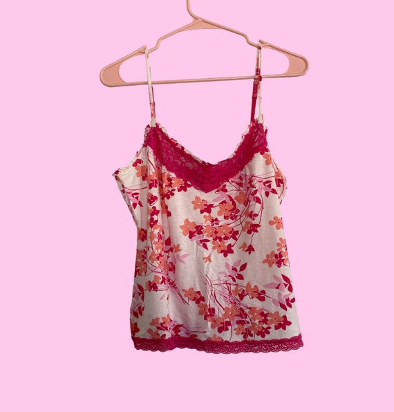 Y2K Pink White Floral Lace Babydoll Tank Top Cami Size Y2K Pink White Floral Lace Babydoll Tank Top Cami Size