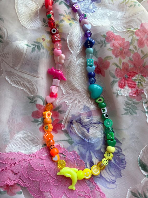 Handmade Rainbow Beaded Necklaces, Beaded Necklace, 90s