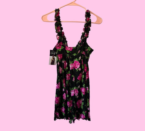 Y2K Black Pink Floral Ruffle Lingerie Mini Dress … - image 4