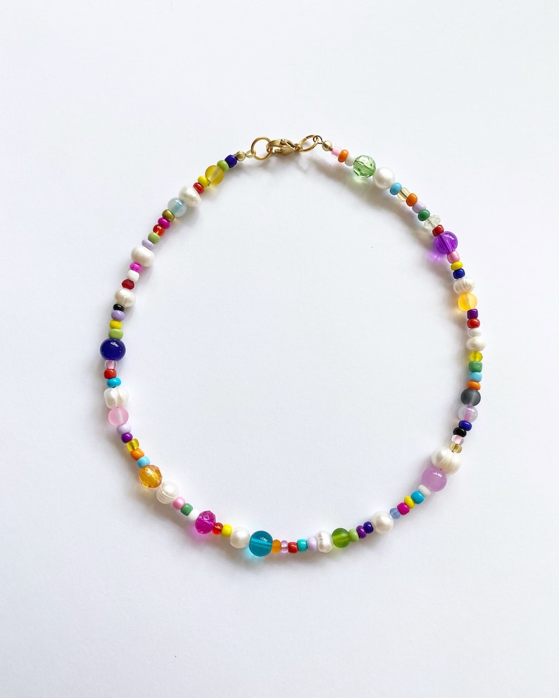 Freshwater Pearl Necklaces, Rainbow Beaded Necklace, 90s Layering Necklace, Colorful Necklace, Dainty Necklace, Trendy Beaded Necklace imagem 1