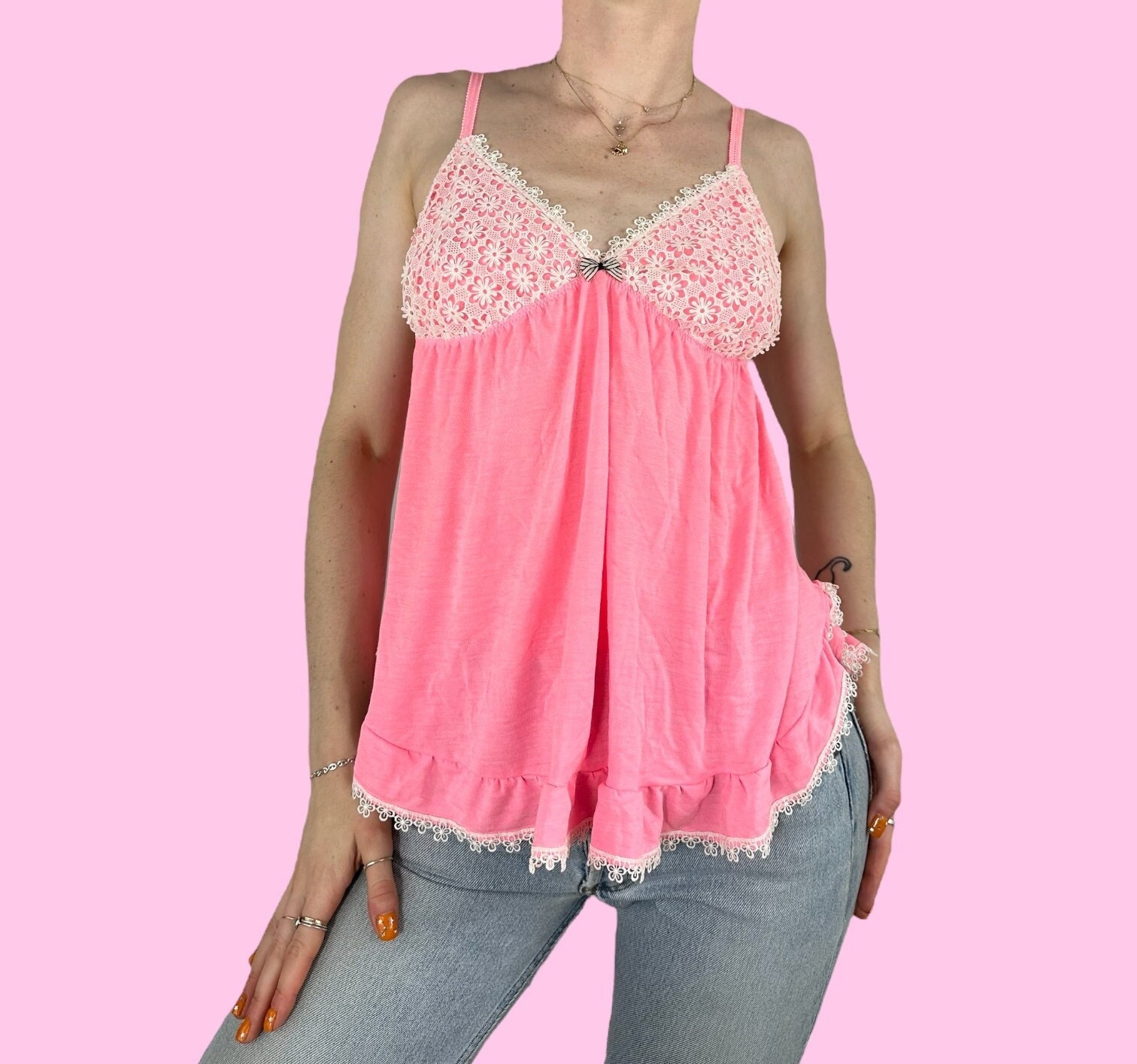 Y2K Victoria's Secret Pink Daisy Coquette Babydoll Tank Top Y2K Victoria's Secret Pink Daisy Coquette Babydoll Tank Top