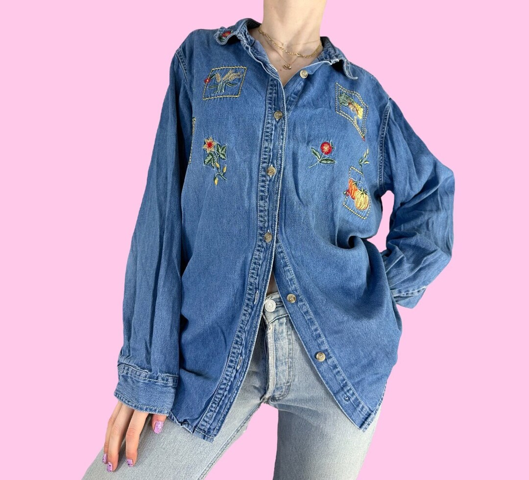 Vintage 90s Denim Embroidered Fall Halloween Button up Shirt Etsy