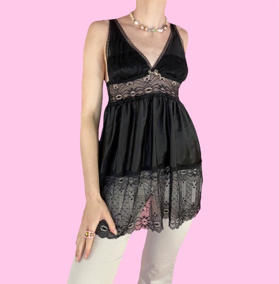 Y2K Black Silky Semi Sheer Lace Babydoll Tank Top Cami Mini Etsy
