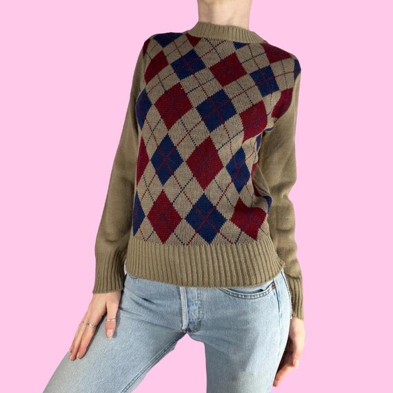Vintage 70s Brown Argyle Grandpa Sweater size sma… - image 2