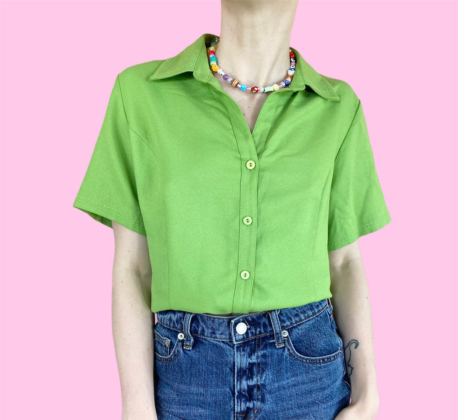 Vintage 90s Lime Green Short Sleeve Button up Shirt Blouse | Etsy