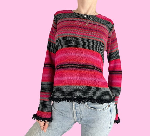 Vintage 90s Pink Black Striped Textured Sweater S… - image 1