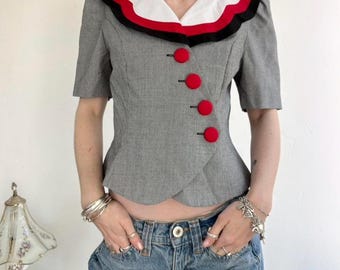 Vintage 80s black and red collared houndstooth puff sleeve blouse by Halmode Petites Size s/m