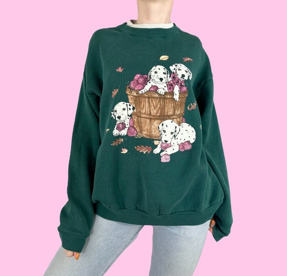 Vintage 90s Dog Fall Autumn Leaves Sweatshirt Size La… Gem