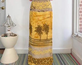 Vintage yellow and multicolor floral landscape wrap style maxi skirt by Bianca Nygard W24