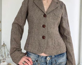 Vintage brown herringbone tweed wool blend fitted blazer by Polo Ralph Lauren size medium