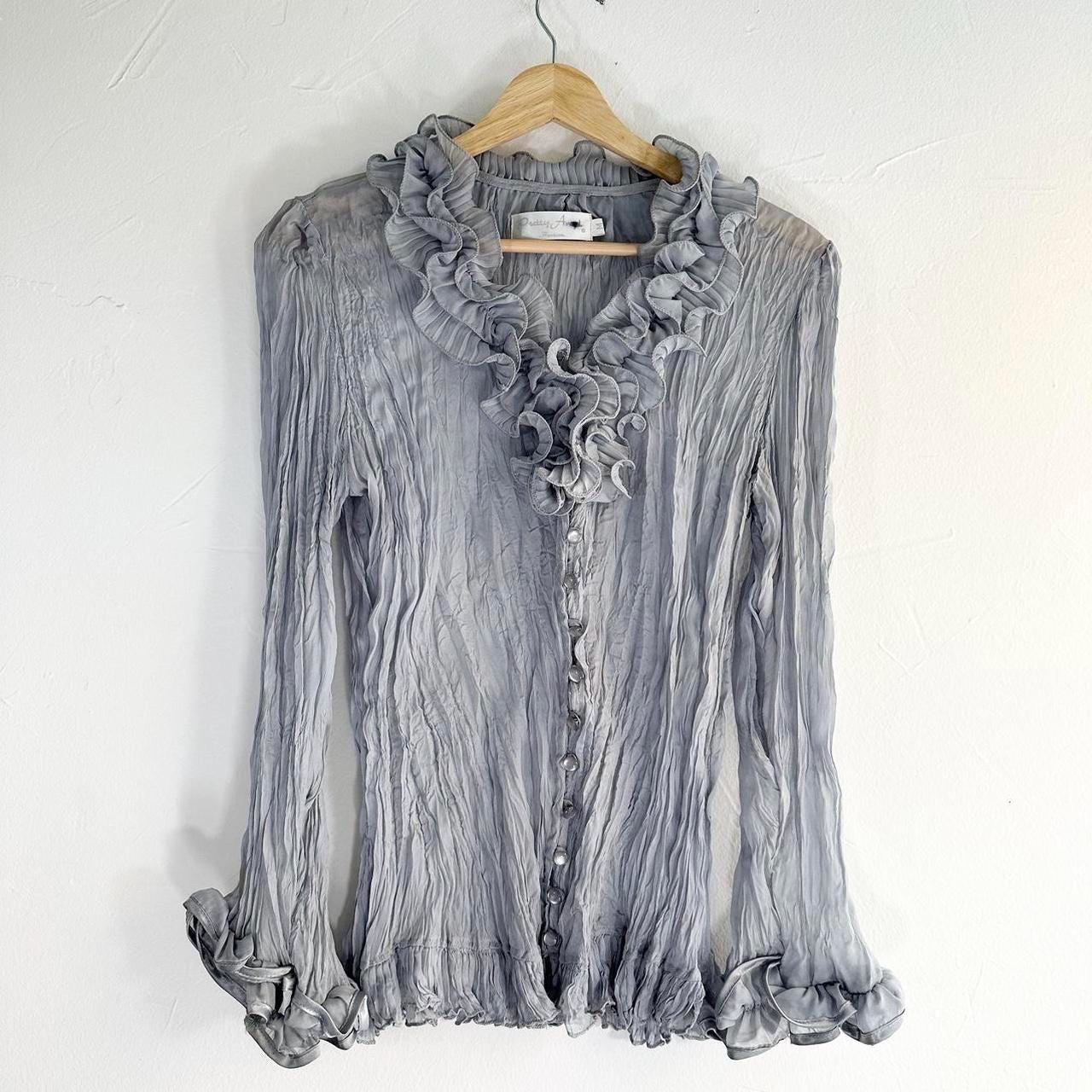 Y2K Grey Semi Sheer Ruffle Textured Babydoll Blouse Shirt