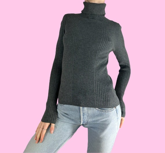 Y2K Grey Ribbed Turtleneck Sweater size medium - image 1