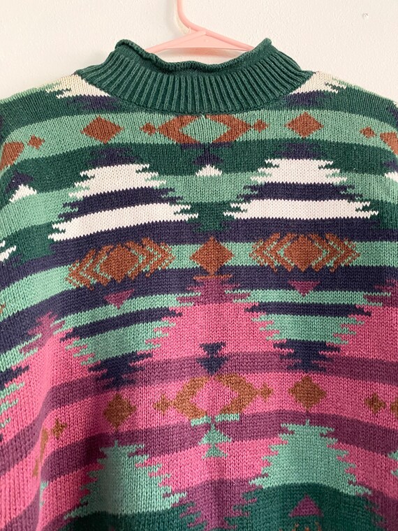 Vintage 80s Dark Green Pink Geometric Mockneck Sw… - image 4