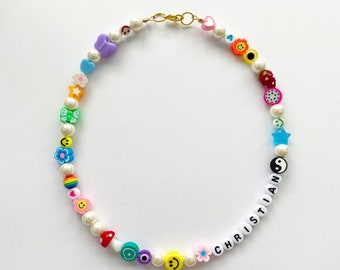 Handmade Colorful Beaded Necklaces, Beaded Necklace, Cute Trendy Beaded Necklace, 90s Necklace, Rainbow Necklace, Smiley Face Necklace