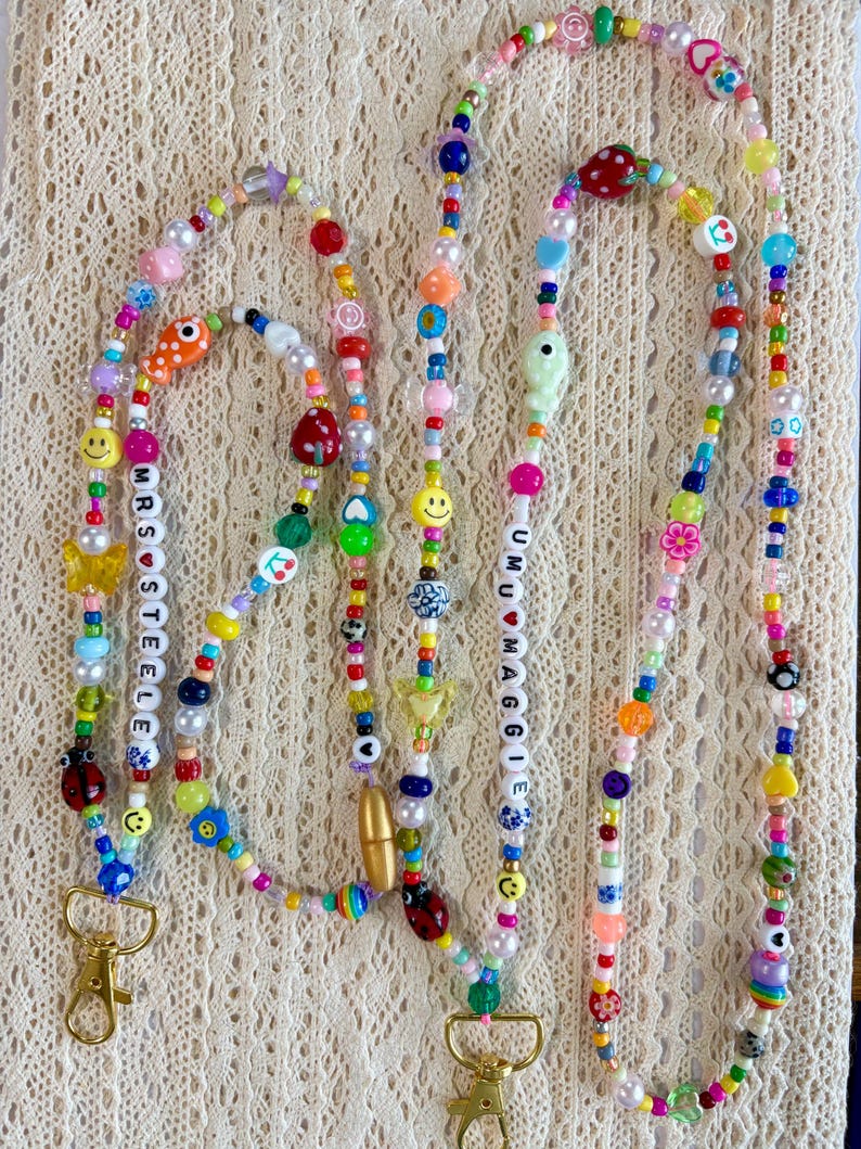 Customizable Badge Holder with a mixture of glass, natural stone, and rondel quartz beads: Teacher Badge, Nurse Badge, Beaded Lanyard image 3