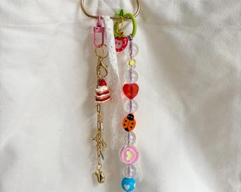 Handmade Beaded Mismatched Charm Keychain & Bag Charm: Carabiner dangle with ribbon and random charms