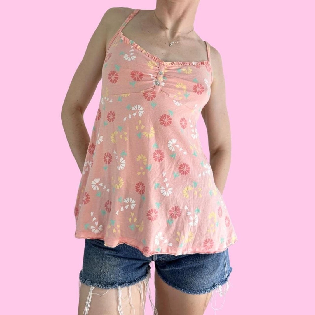 VINTAGE Y2K VICTORIA SECRETS SEXY LITTLE THINGS PINK FLORAL RUFFLE BABY DOLL TOP WITH BRA PADDING main image 1