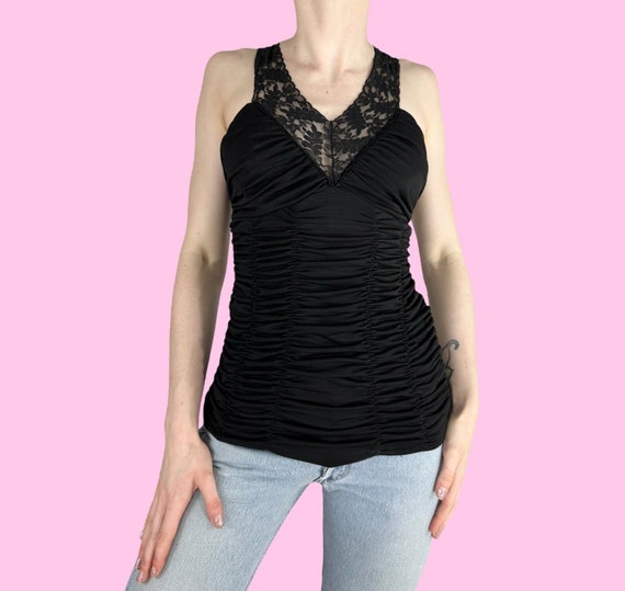 Y2K Black Lace Ruched Coquette Babydoll Tank Top Cami Size Small Medium 