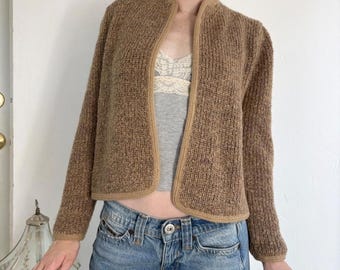 Vintage brown/tan textured wool blend puff sleeve cardigan by Adele Joyce size small