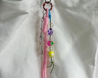 Handmade Beaded Mismatched Charm Keychain & Bag Charm: Carabiner dangle with ribbon and random charms