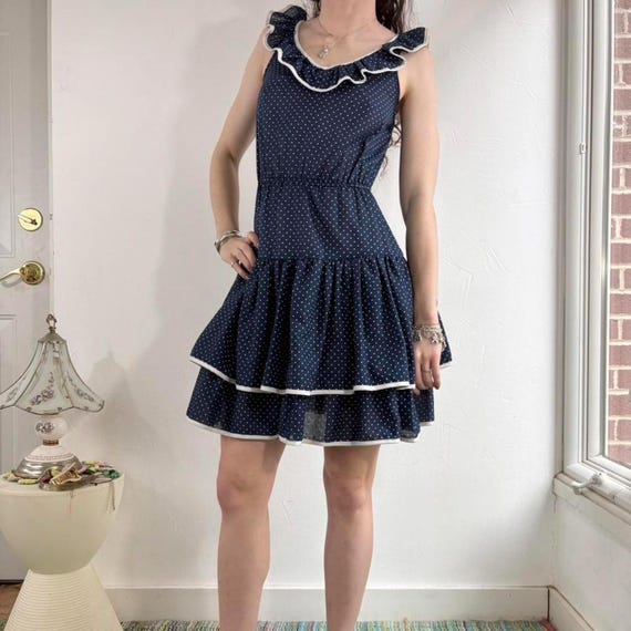 Vintage blue and White polka dot ruffle tiered dress by News From California! Size XS