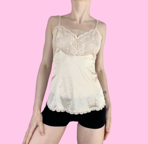 Vintage 90s Cream Lace Ethereal Babydoll Lingerie Tank Top Cami Size 36 