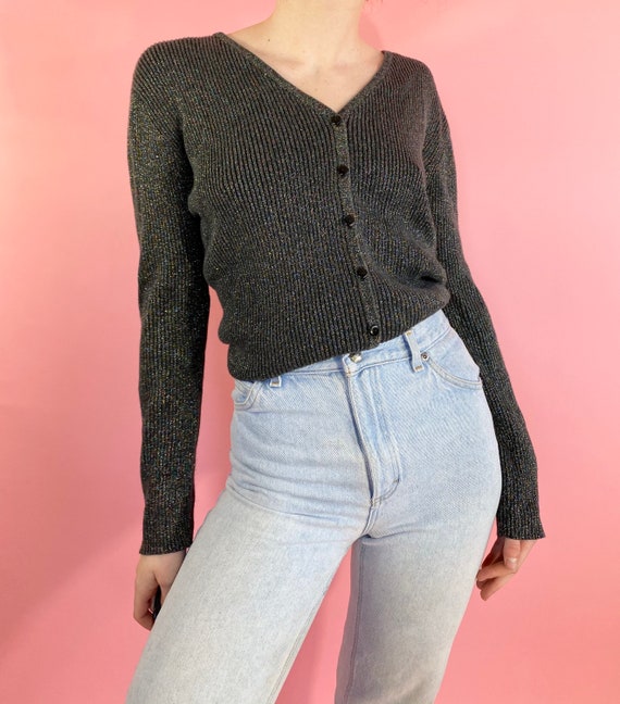 Vintage 90s 1990s Ribbed Knit Stretchy Black Grey