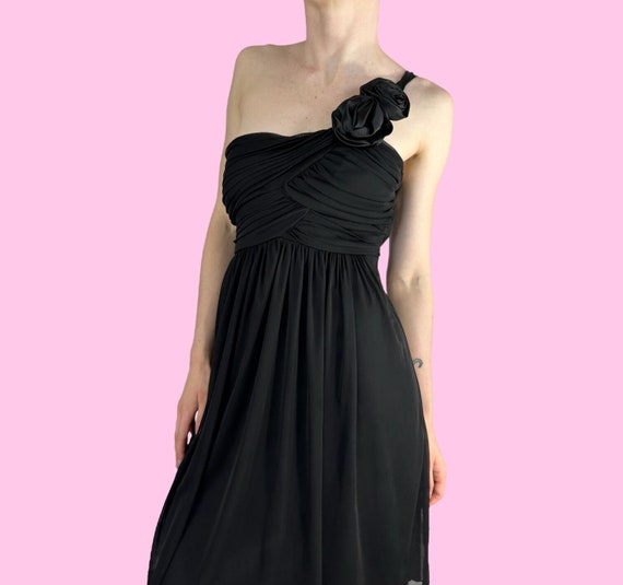 Y2k Black One Shoulder Babydoll Midi Dress Size Large
