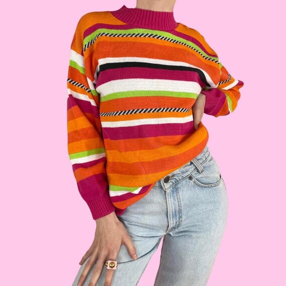 Vintage 90s Pink Orange Green Striped Mockneck Sw… - image 1