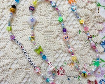 Pastel Spring Beaded Lanyard: Customizable Teacher Nurse Badge Holder with bee, butterfly, flowers, rainbow and bunny