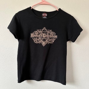 Y2K Harley Davidson Rhinestone Short Sleeve Baby Tee Shirt Size XL