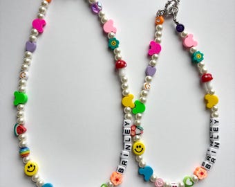 Mickey beaded necklace with freshwater pearls, random fun beads and customizable name