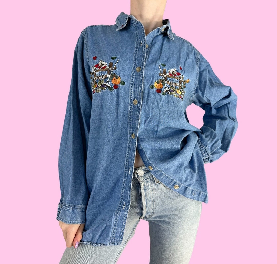 Vintage 90s Denim Embroidered Fall Halloween Button up Shirt Etsy