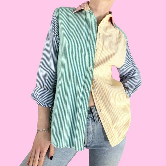 Vintage 90s Primary Color White Striped Blouse Sh… - image 1