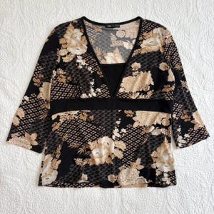 Y2k black and tan floral 3/4 sleeve babydoll top by I.N. Studio - XL