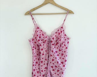 Y2K Pink Silky Heart Print Slit Open Front Babydoll Tank Top Cami Size Small
