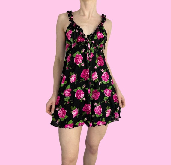 Y2K Black Pink Floral Ruffle Lingerie Mini Dress … - image 1
