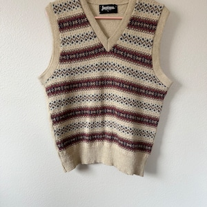 Vintage 80s Cream Multicolor Striped Cottage Core Sweater Vest Size Large
