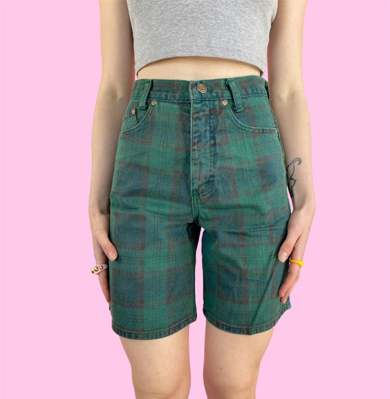 Vintage 90s Green Primary Color Plaid High Waist M