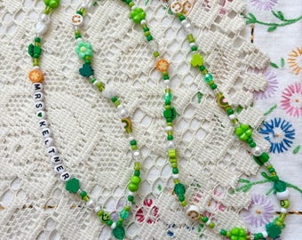 St. Patrick’s Day Green Beaded Lanyard: Customizable Teacher Nurse Badge Holder with four leaf clover, rainbow, leprechaun