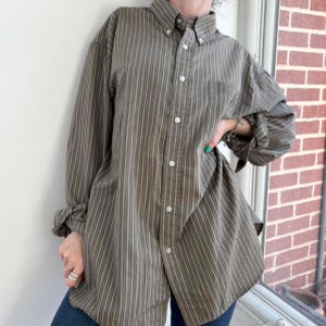 Y2K Green Striped Button Up Dress Shirt by Haggar Size XXL
