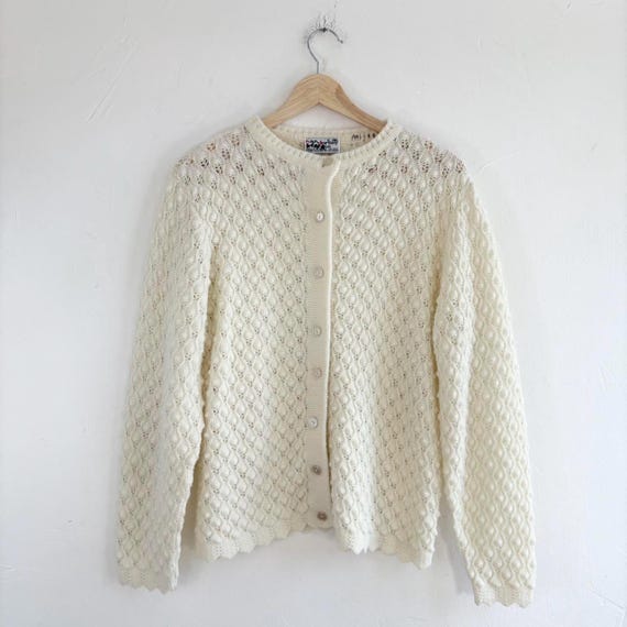 Vintage 70s Cream Eyelet Crochet Knit Cardigan by Nan Dorsey Size