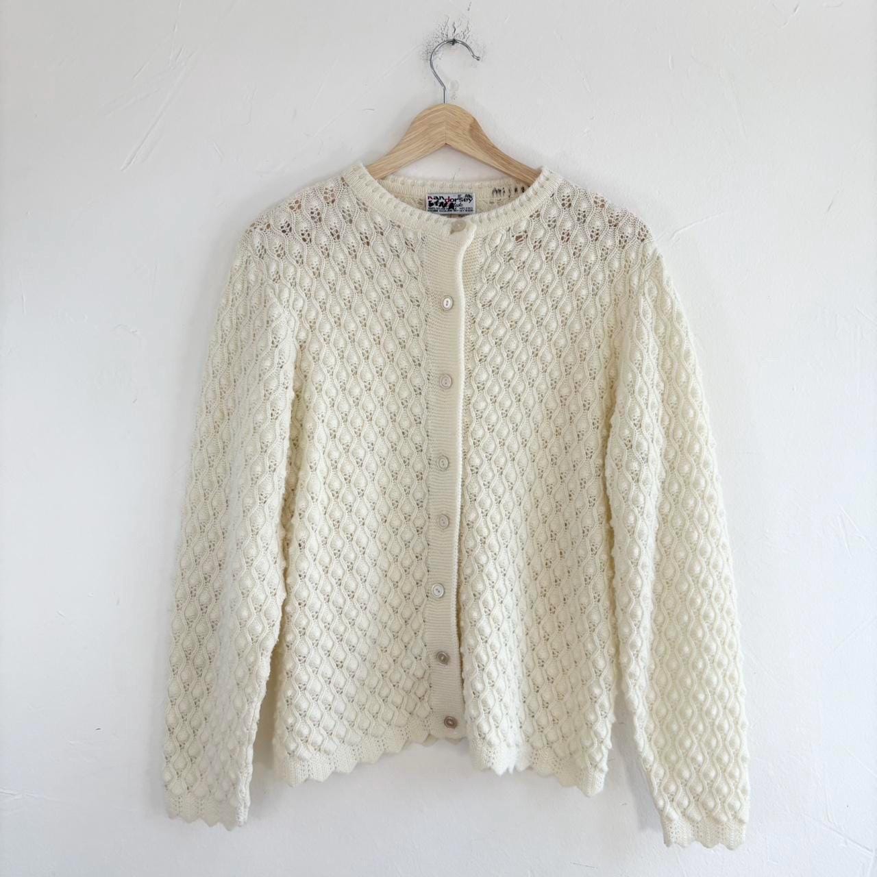 Vintage 70s Cream Eyelet Crochet Knit Cardigan by Nan Dorsey Size