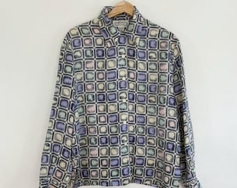 Vintage 90s Pastel Multicolor Geometric Silk Button Up Blouse Shirt Size Small