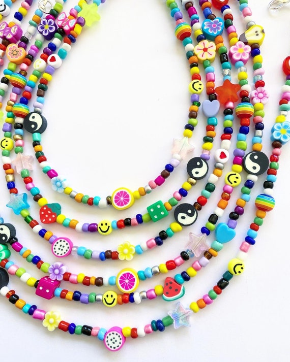 Handmade 90s Y2K Inspired Trendy Beaded Necklace Random Mismatched Fun Beads Smiley Face Fruit Dice Fun Rainbow Necklace Bright Unique