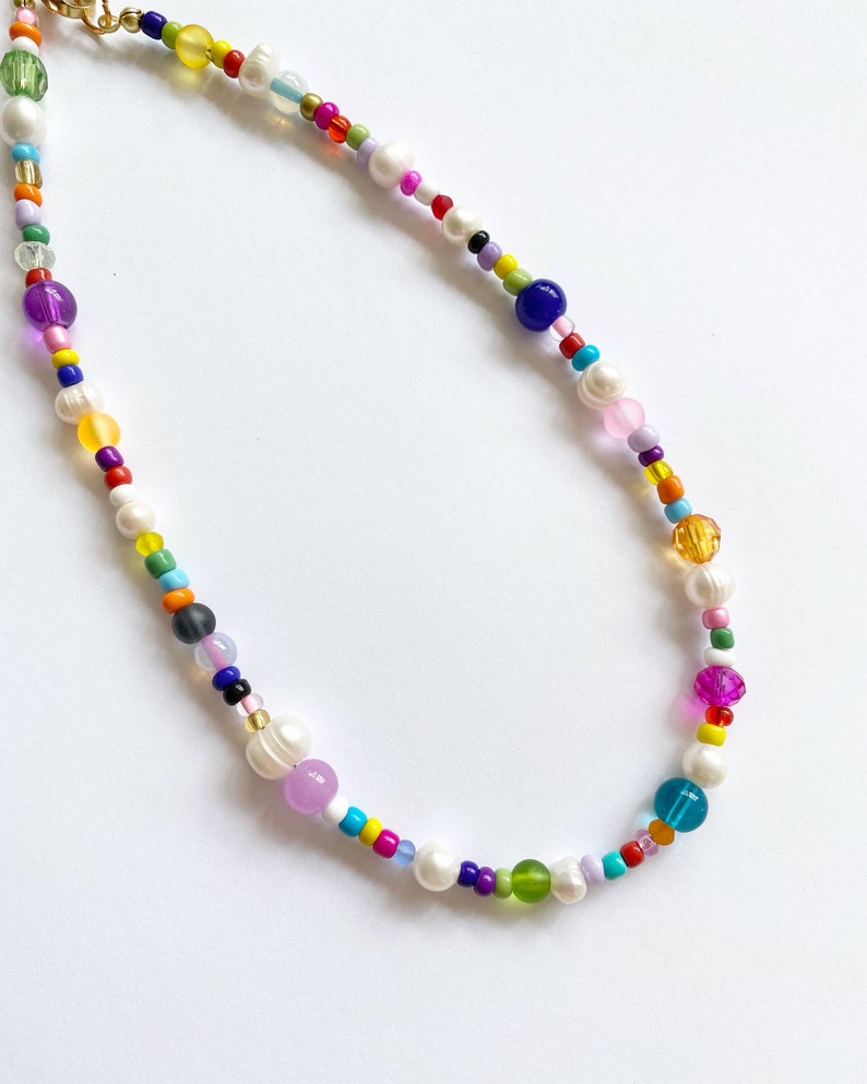 Freshwater Pearl Necklaces, Rainbow Beaded Necklace, 90s Layering Necklace, Colorful Necklace, Dainty Necklace, Trendy Beaded Necklace image 2