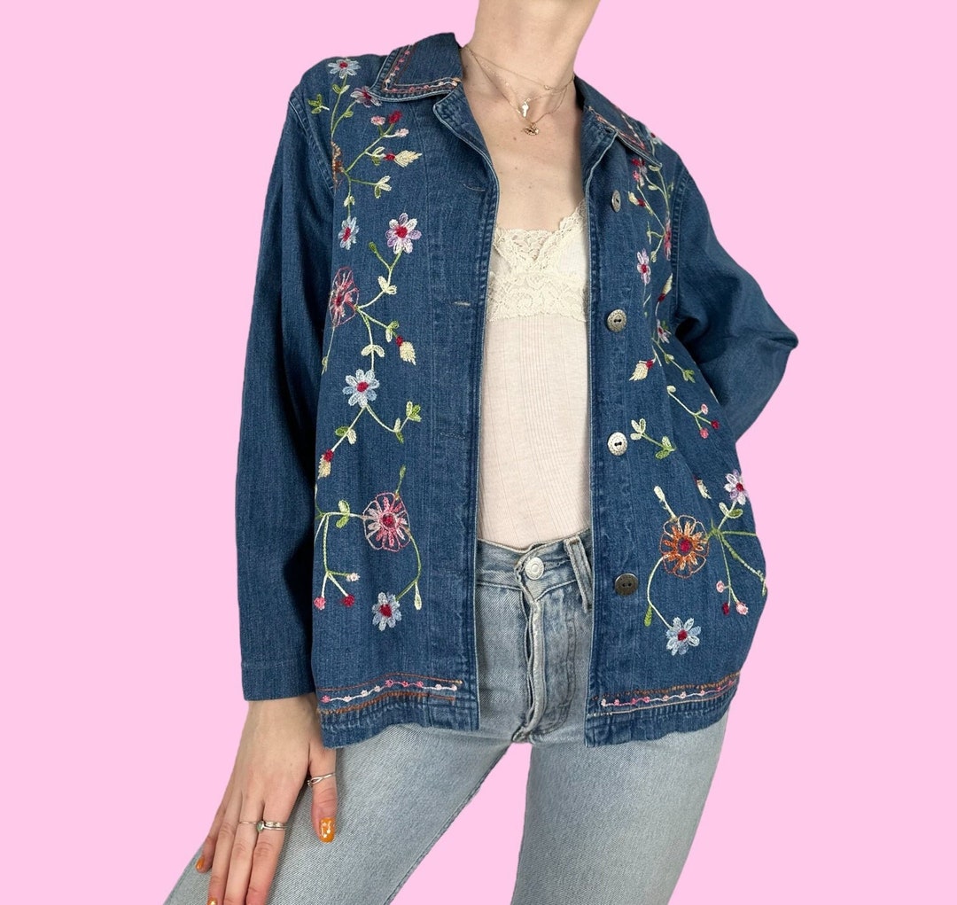 Vintage Floral Embroidered Denim Shirt Jacket Size Small Etsy