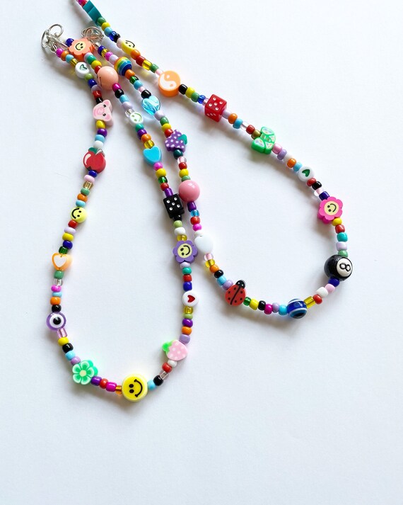 Handmade 90s Y2K Inspired Trendy Beaded Necklace Random Mismatched Fun Beads  Smiley Face Fruit Dice Fun Rainbow Necklace Bright Unique 